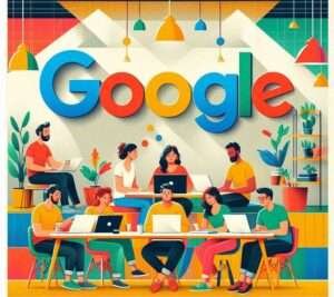 google felirat a falon alatta dolgozó munkatársak