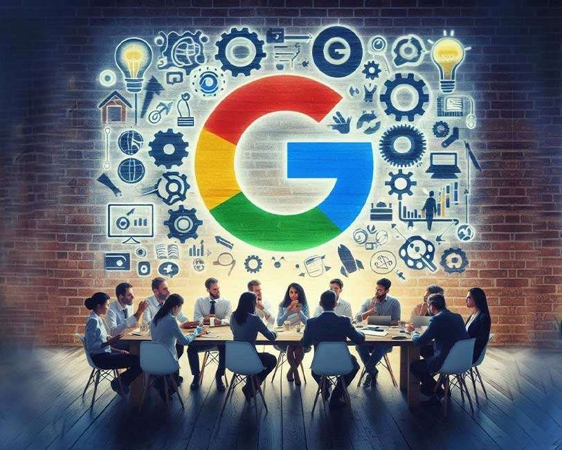 emberek az asztalnál ülnek felettük a google kezdőbetűje